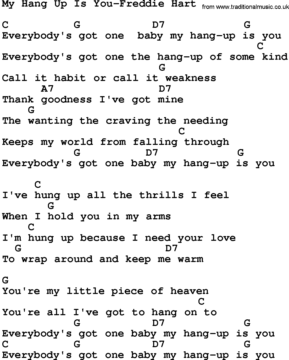 Country music song: My Hang Up Is You-Freddie Hart lyrics and chords