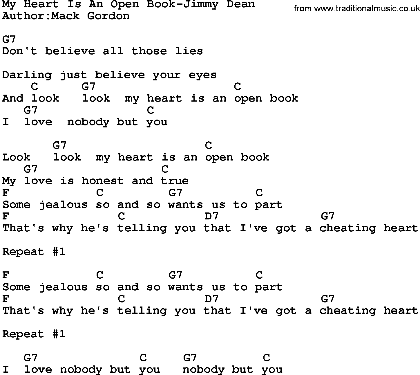 Country music song: My Heart Is An Open Book-Jimmy Dean lyrics and chords