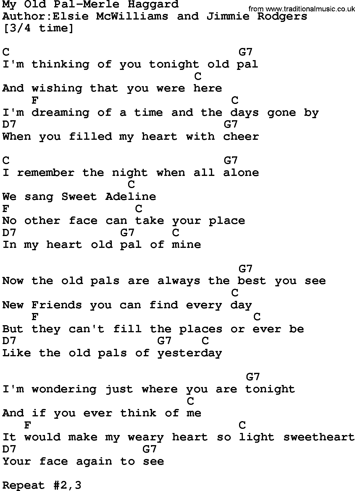Country music song: My Old Pal-Merle Haggard lyrics and chords