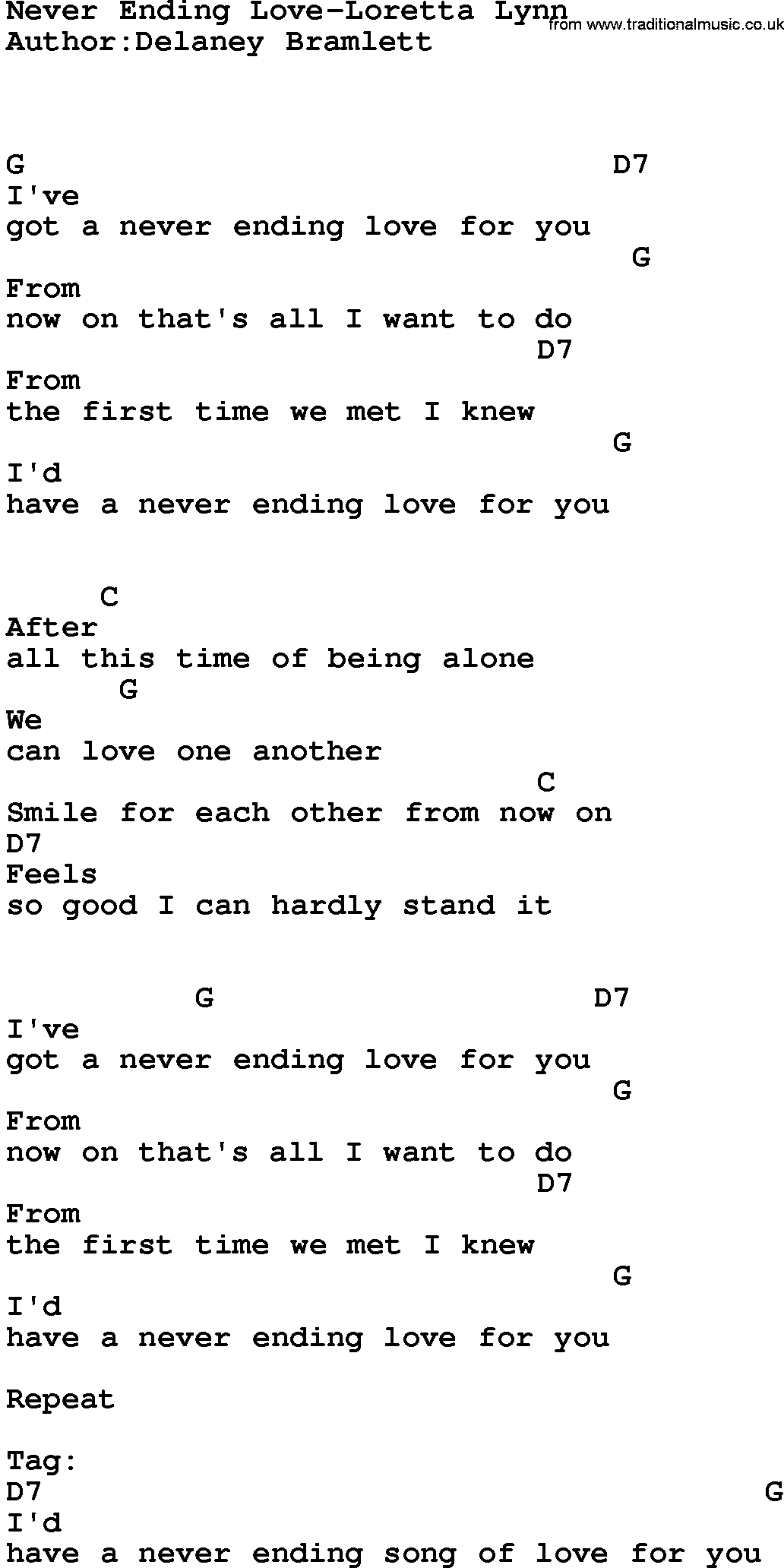 Country music song: Never Ending Love-Loretta Lynn lyrics and chords
