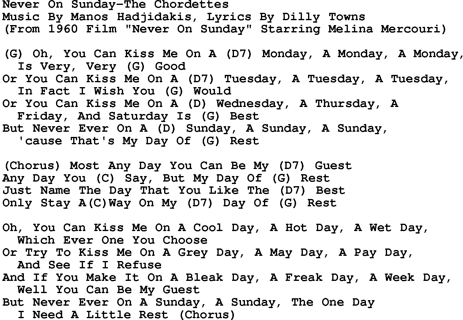 Country music song: Never On Sunday-The Chordettes lyrics and chords