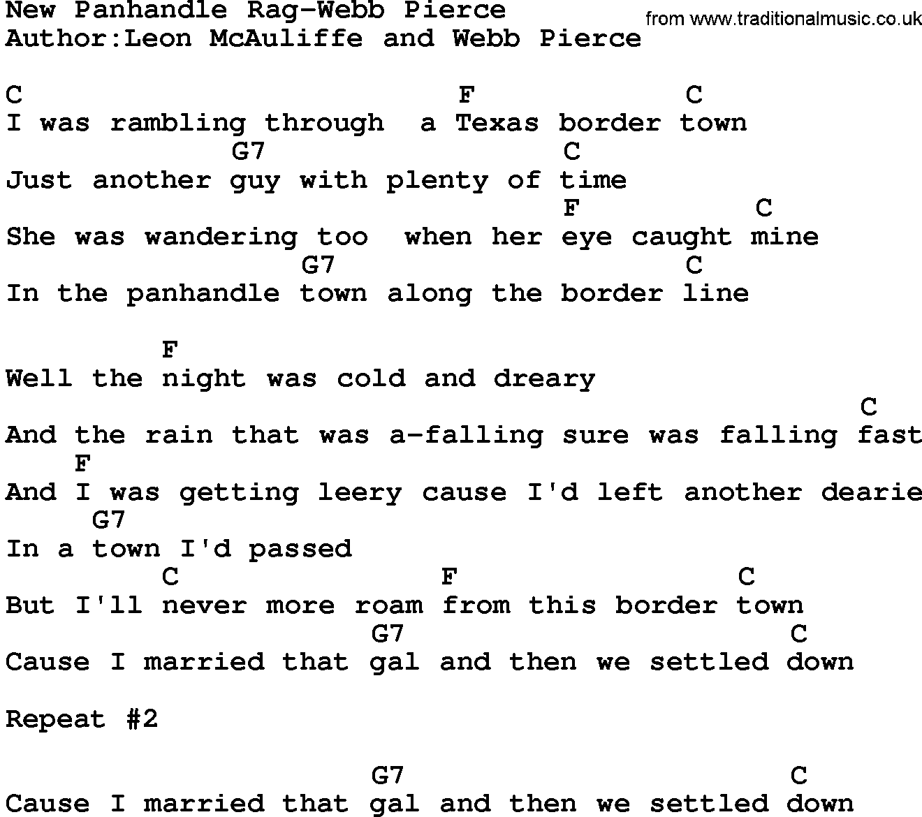 Country music song: New Panhandle Rag-Webb Pierce lyrics and chords