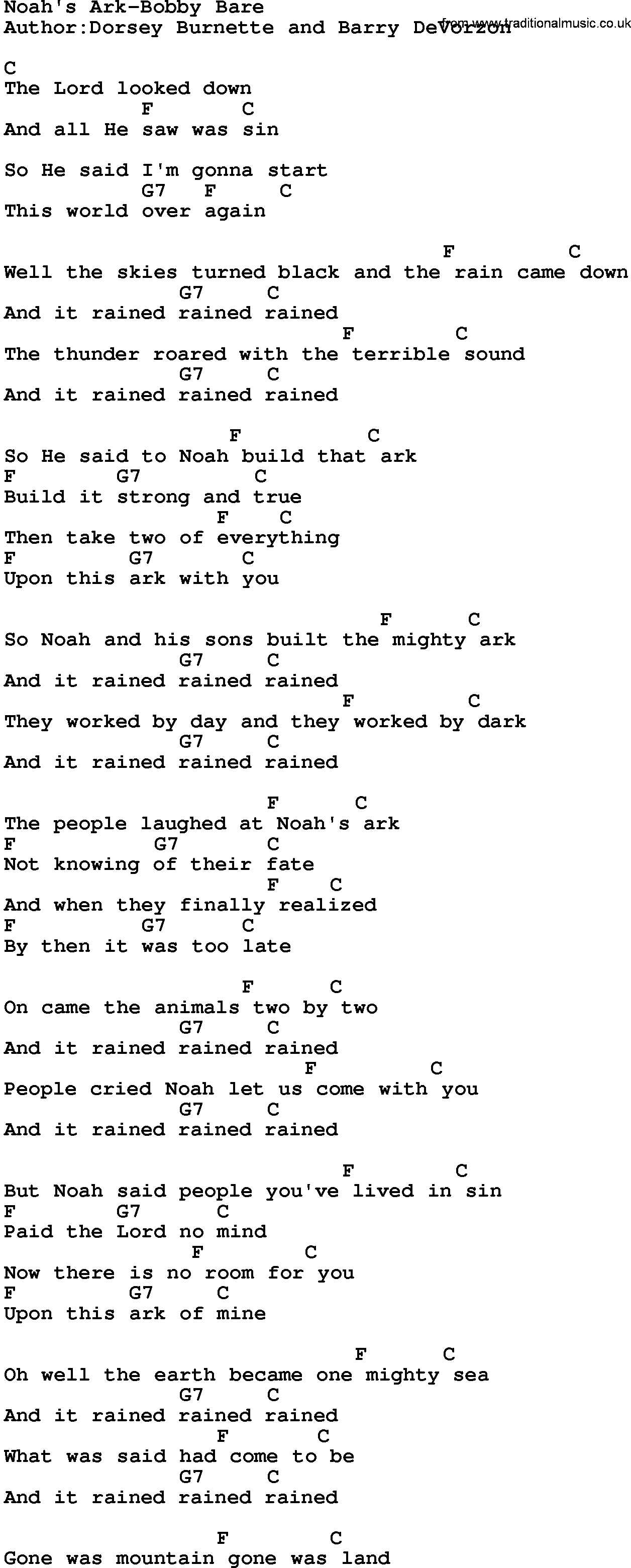 Country MusicNoah's ArkBobby Bare Lyrics and Chords