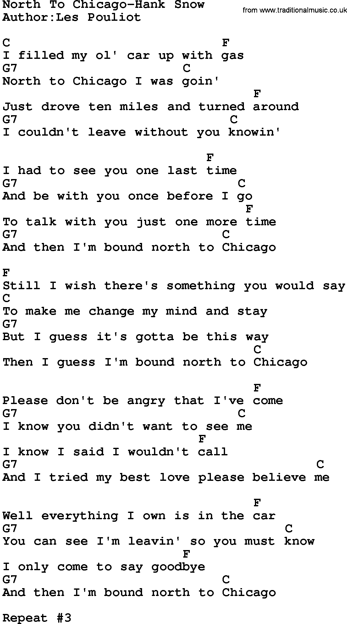 Country music song: North To Chicago-Hank Snow lyrics and chords
