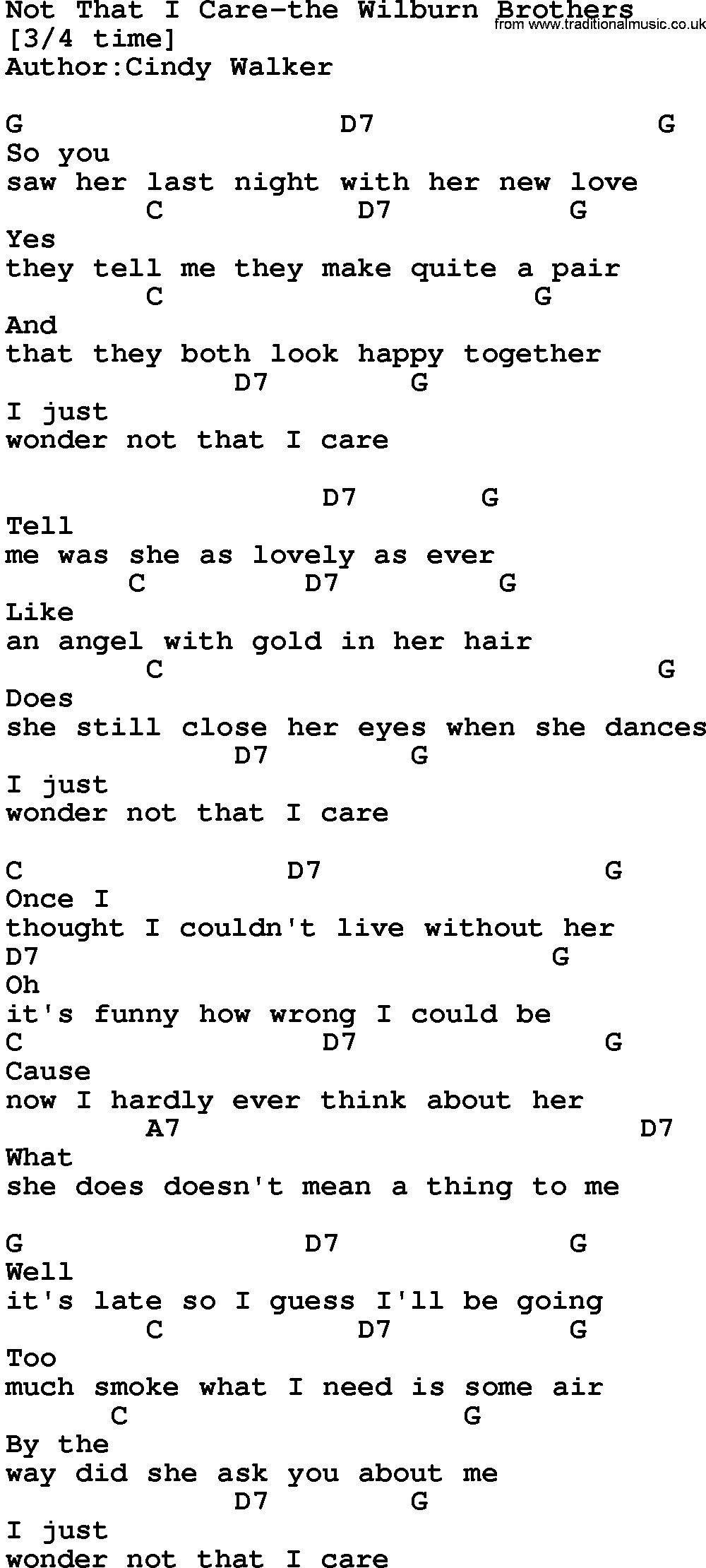 Country music song: Not That I Care-The Wilburn Brothers lyrics and chords