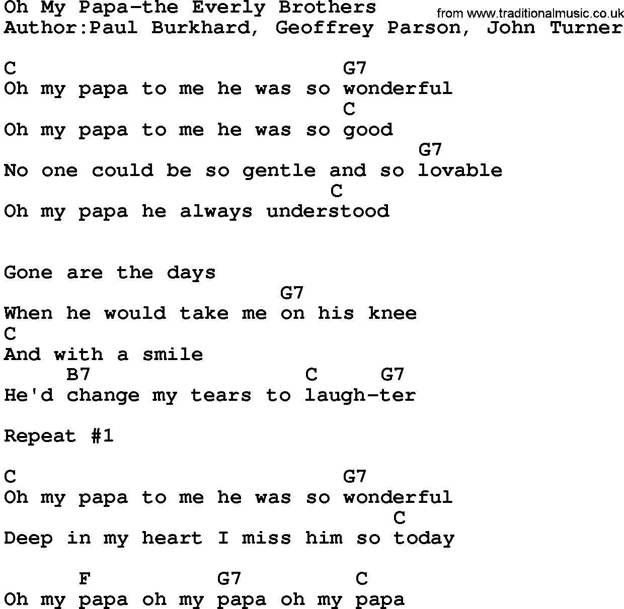 Country music song: Oh My Papa-The Everly Brothers lyrics and chords