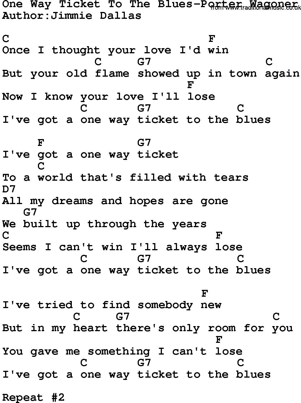 Country music song: One Way Ticket To The Blues-Porter Wagoner lyrics and chords
