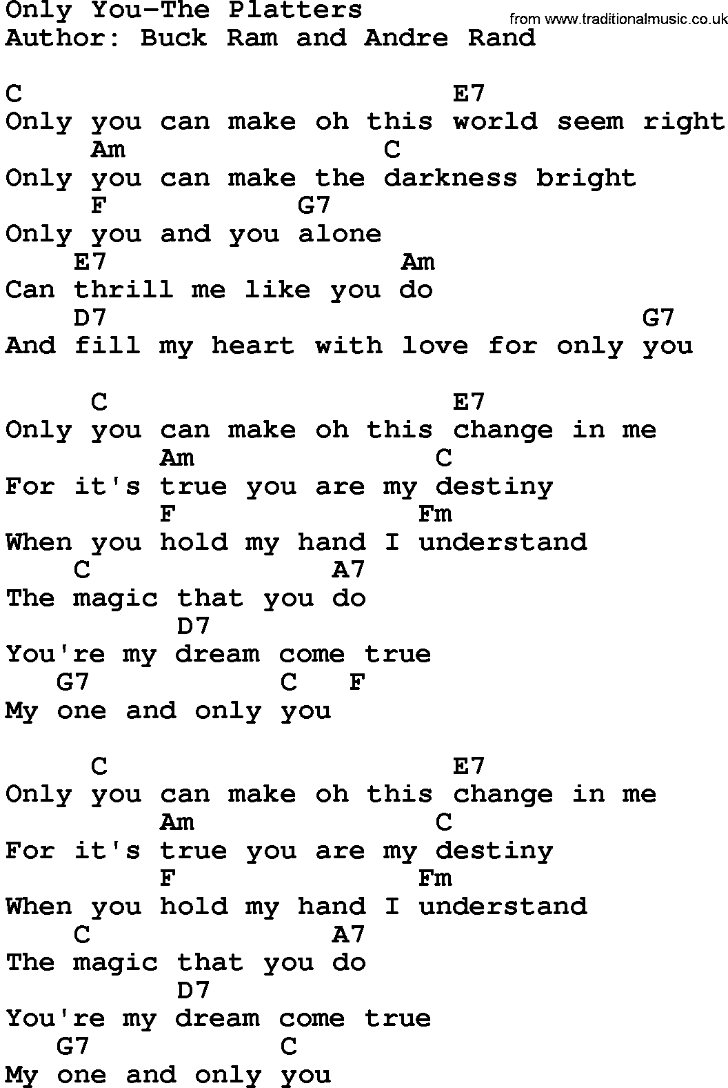 Country music song: Only You-The Platters lyrics and chords