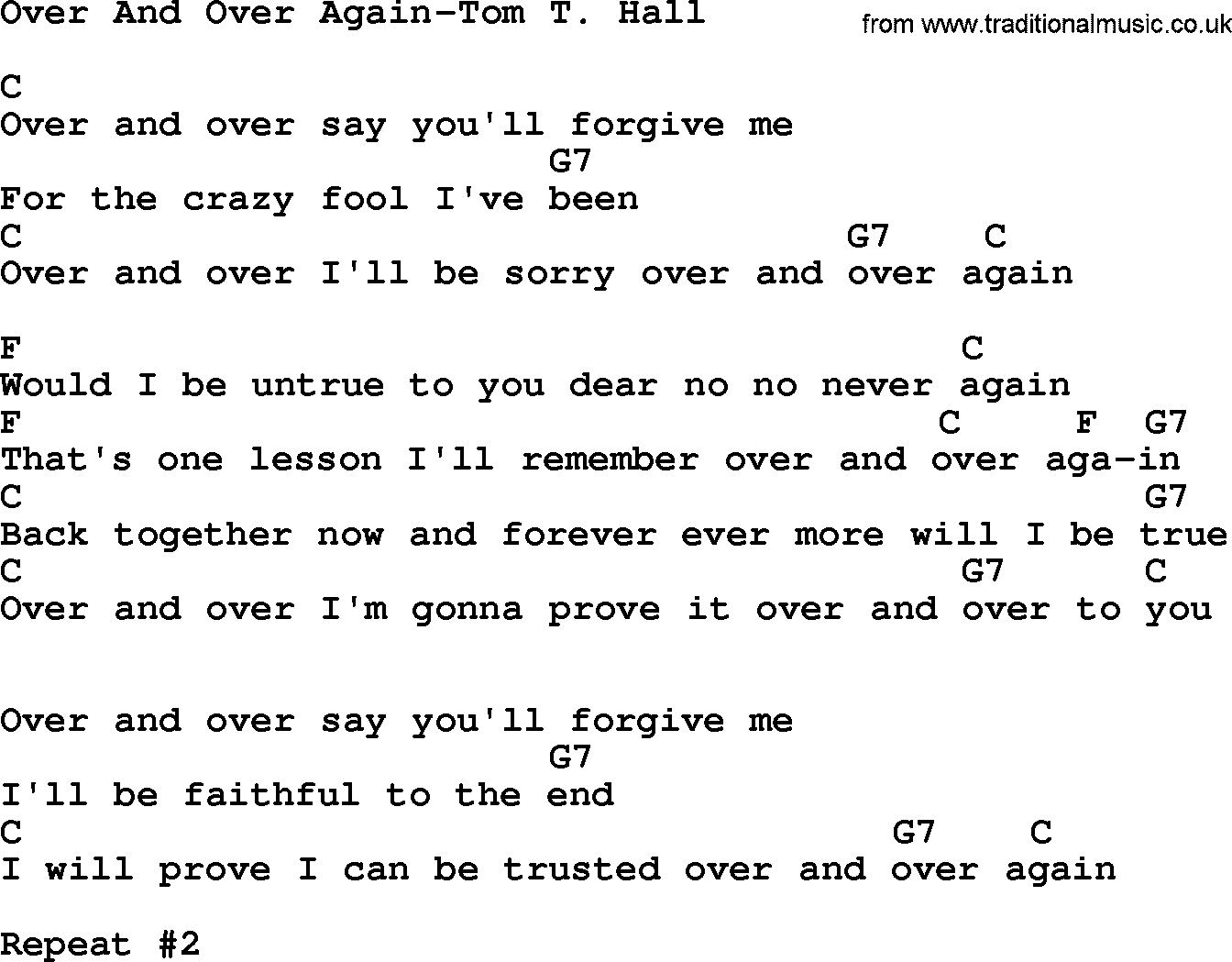 Country music song: Over And Over Again-Tom T Hall lyrics and chords