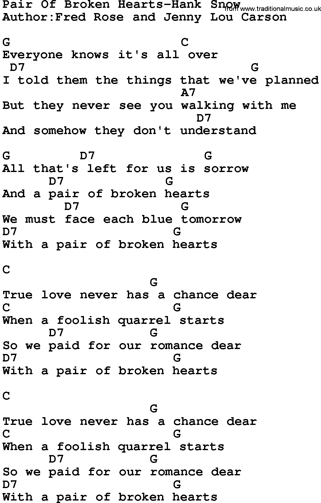 Country music song: Pair Of Broken Hearts-Hank Snow lyrics and chords