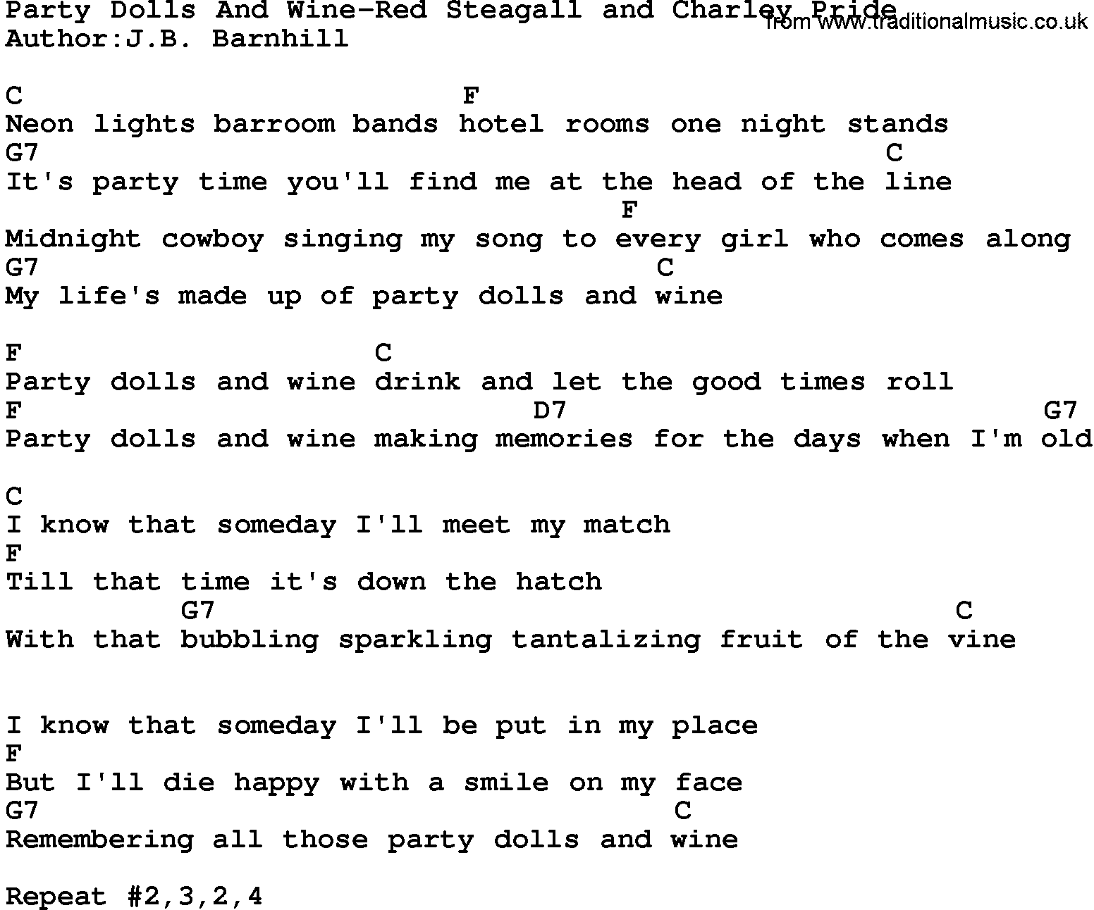 Country music song: Party Dolls And Wine-Red Steagall And Charley Pride lyrics and chords