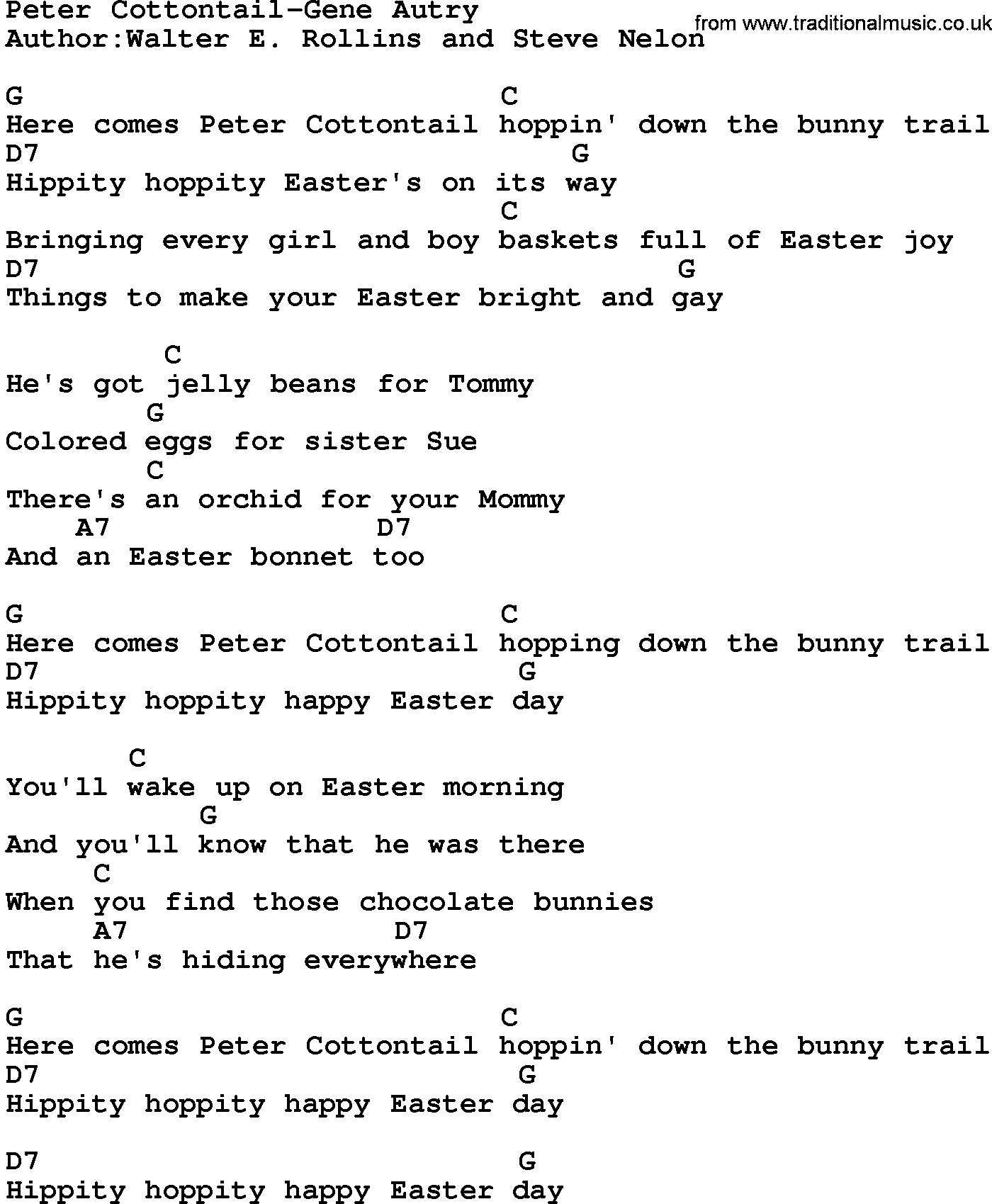 Country music song: Peter Cottontail-Gene Autry lyrics and chords