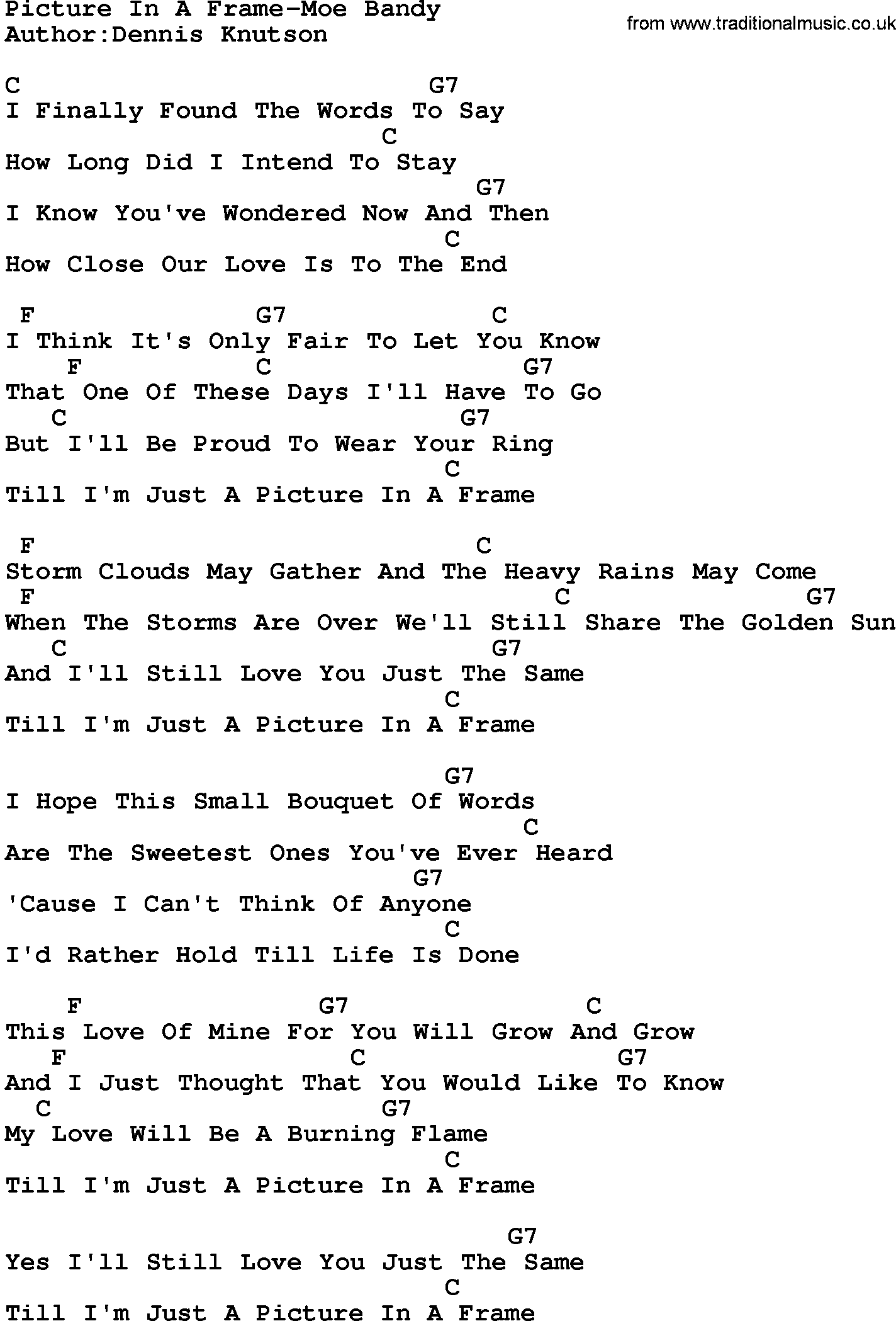 Country music song: Picture In A Frame-Moe Bandy lyrics and chords