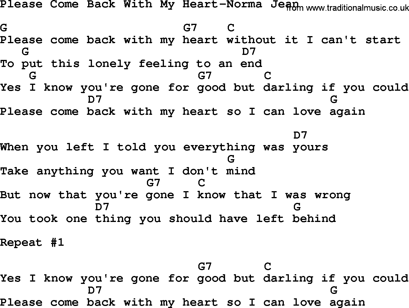 Country music song: Please Come Back With My Heart-Norma Jean lyrics and chords