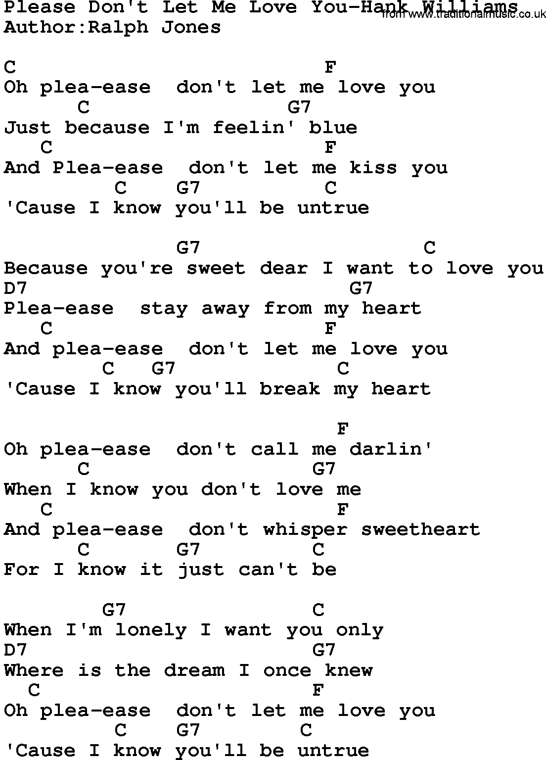 Country music song: Please Don't Let Me Love You-Hank Williams lyrics and chords