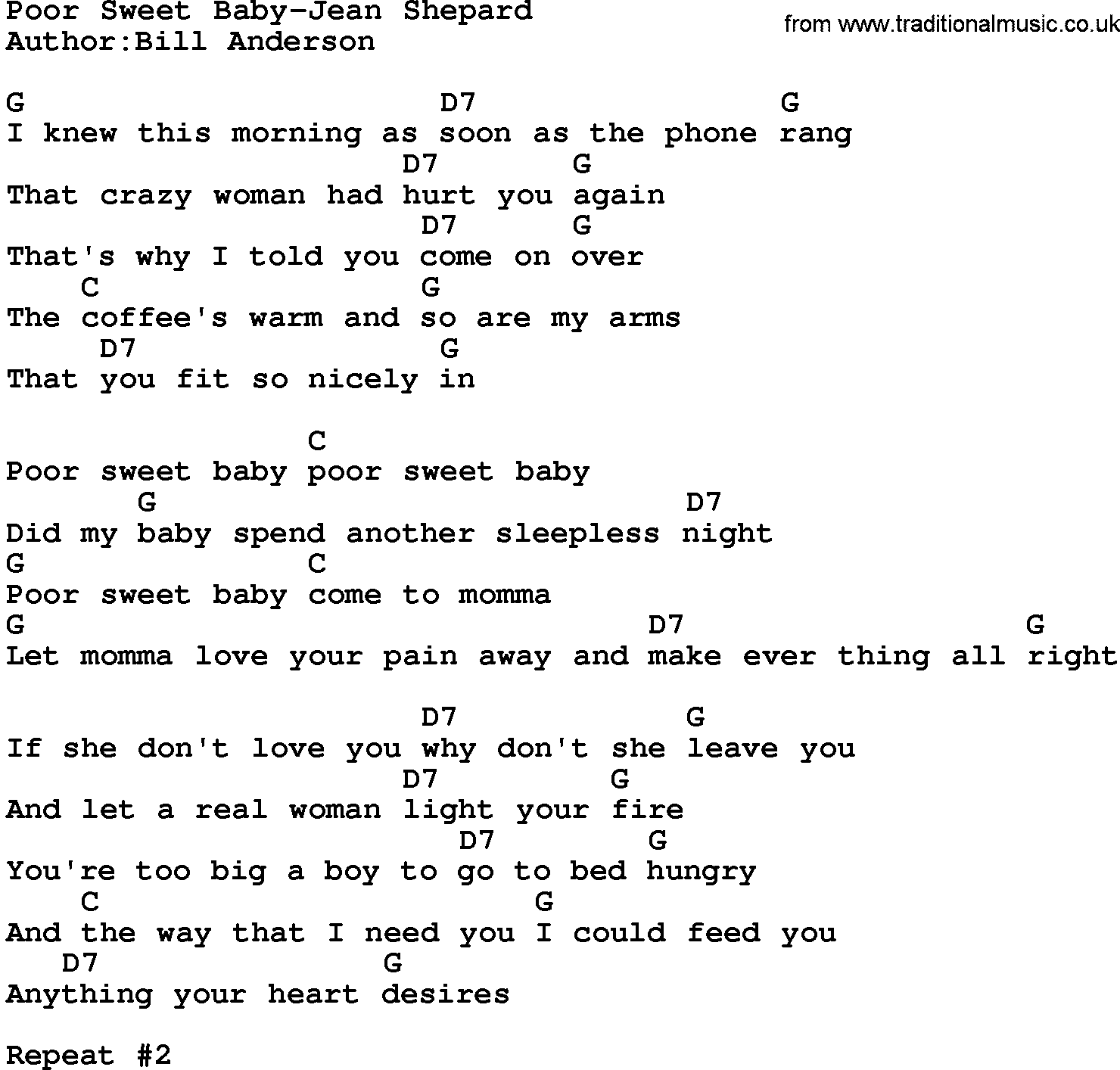 Country music song: Poor Sweet Baby-Jean Shepard lyrics and chords