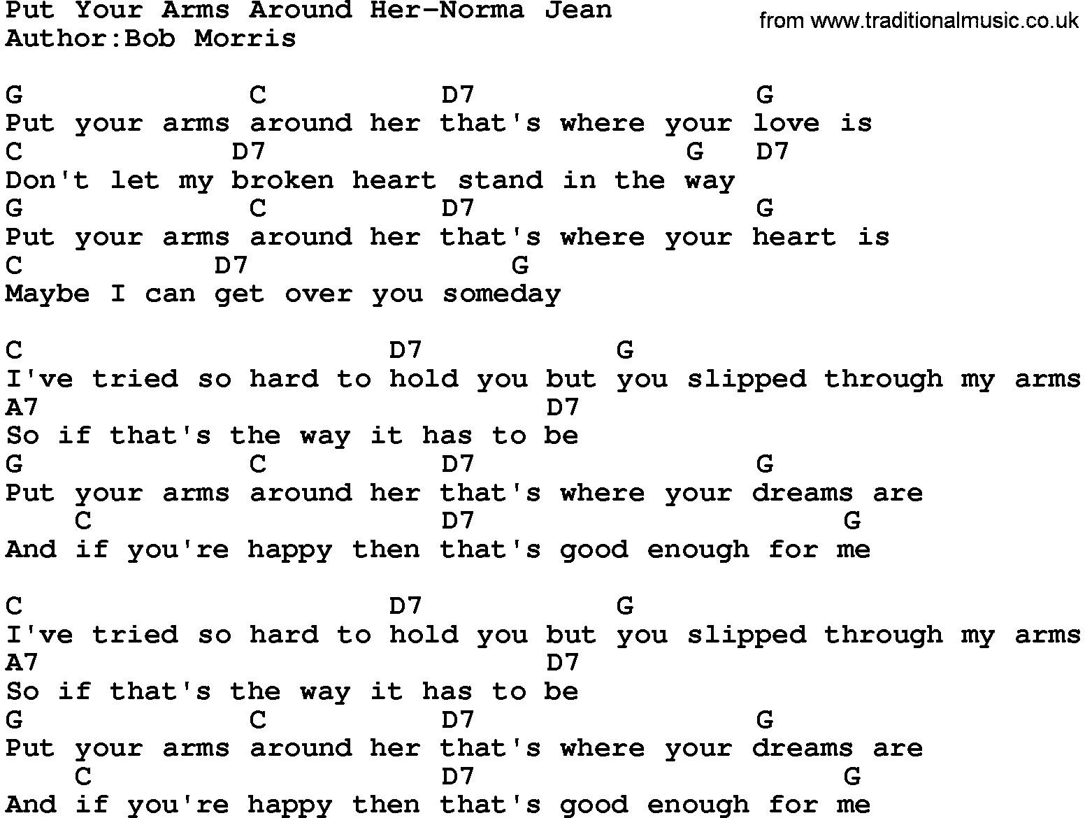 Country music song: Put Your Arms Around Her-Norma Jean lyrics and chords