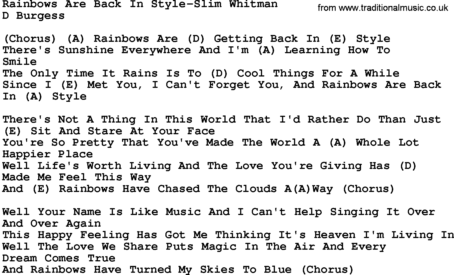 Country music song: Rainbows Are Back In Style-Slim Whitman lyrics and chords