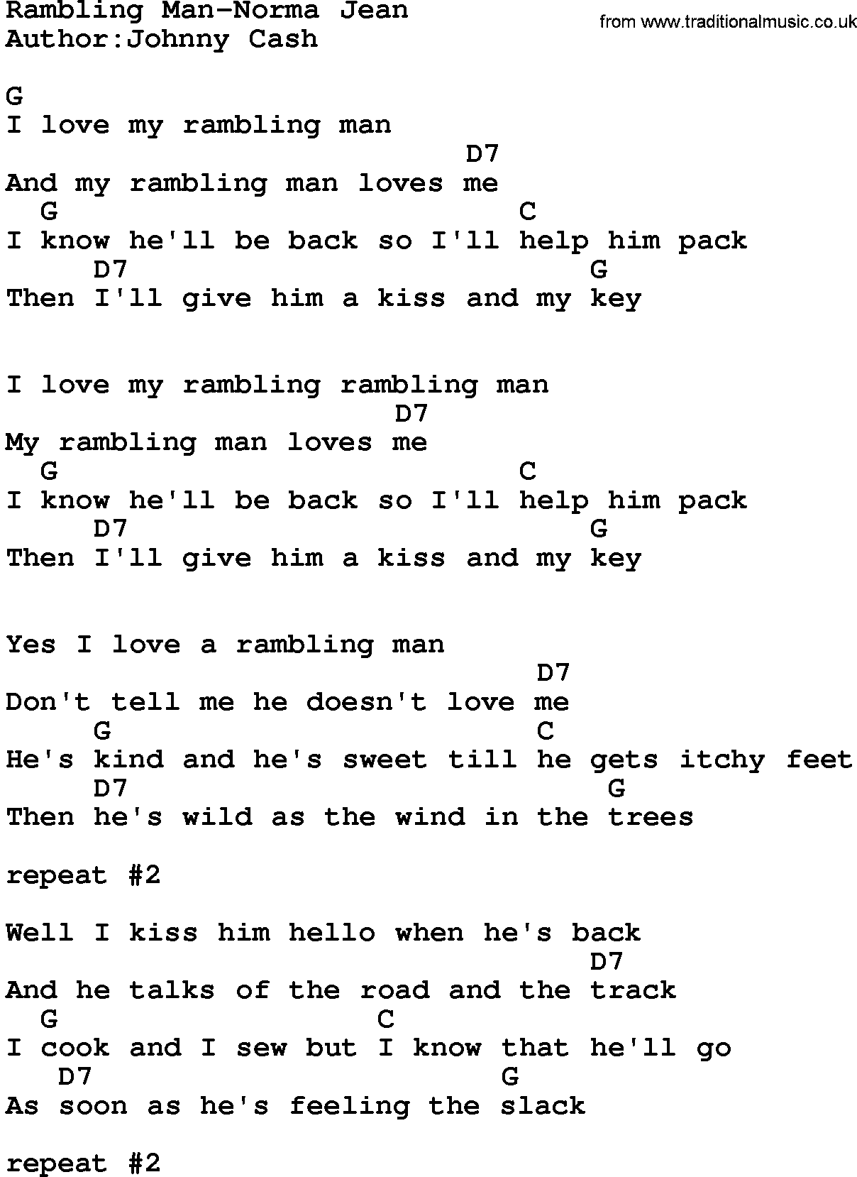 Country music song: Rambling Man-Norma Jean lyrics and chords