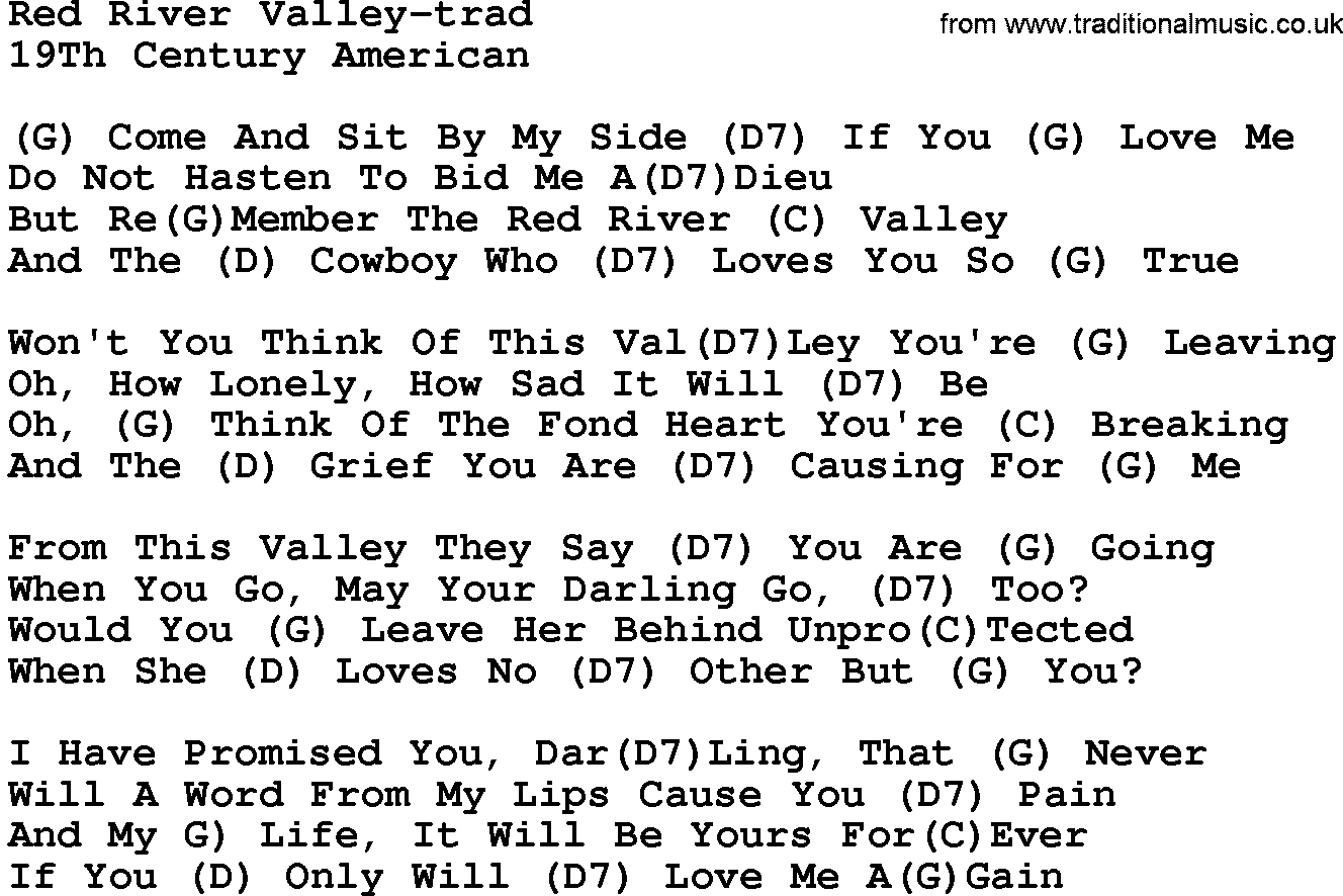 Country music song: Red River Valley-trad lyrics and chords
