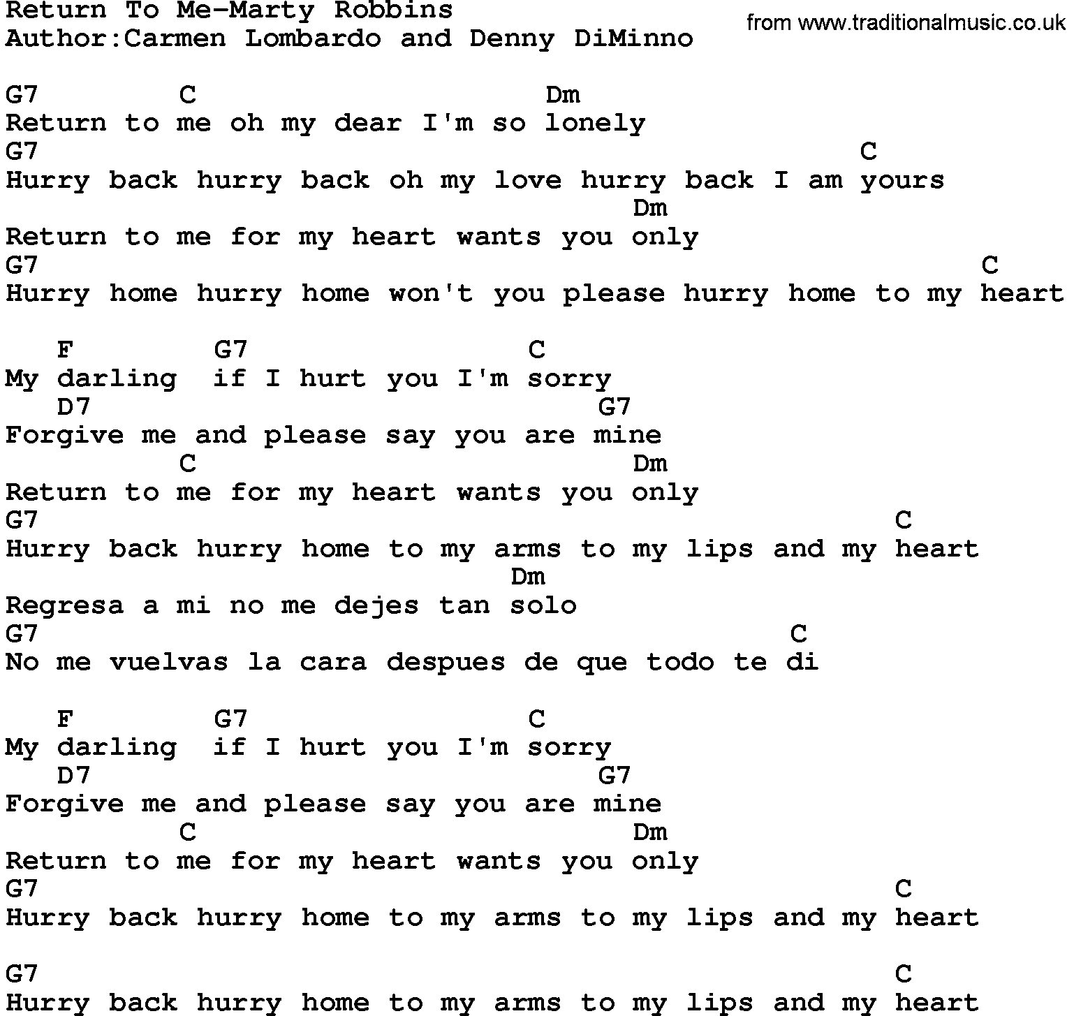 Country music song: Return To Me-Marty Robbins lyrics and chords