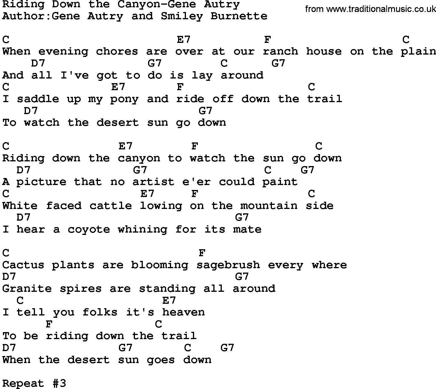 Country music song: Riding Down The Canyon-Gene Autry lyrics and chords