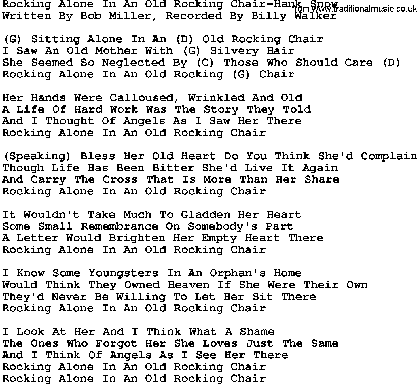 Country music song: Rocking Alone In An Old Rocking Chair-Hank Snow lyrics and chords