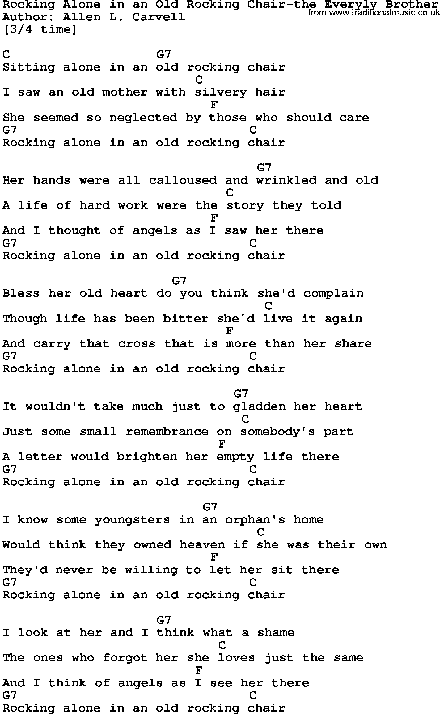 Country music song: Rocking Alone In An Old Rocking Chair-The Everyly Brother lyrics and chords
