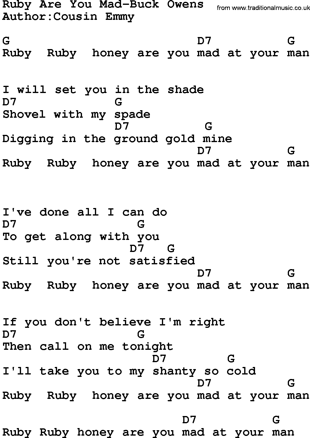 Country music song: Ruby Are You Mad-Buck Owens lyrics and chords