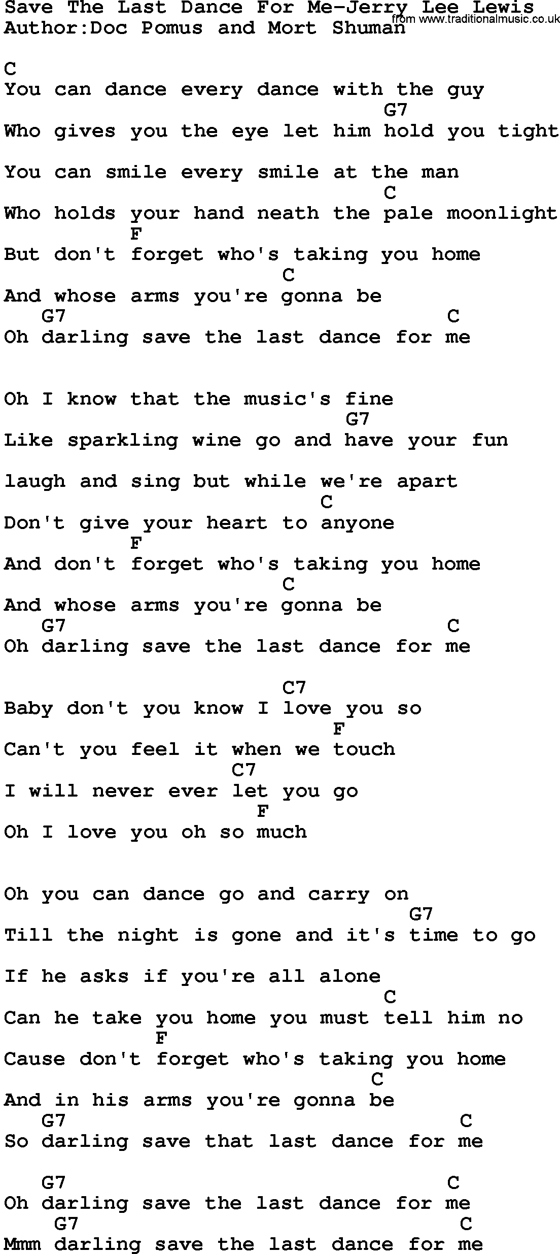 Country music song: Save The Last Dance For Me-Jerry Lee Lewis lyrics and chords