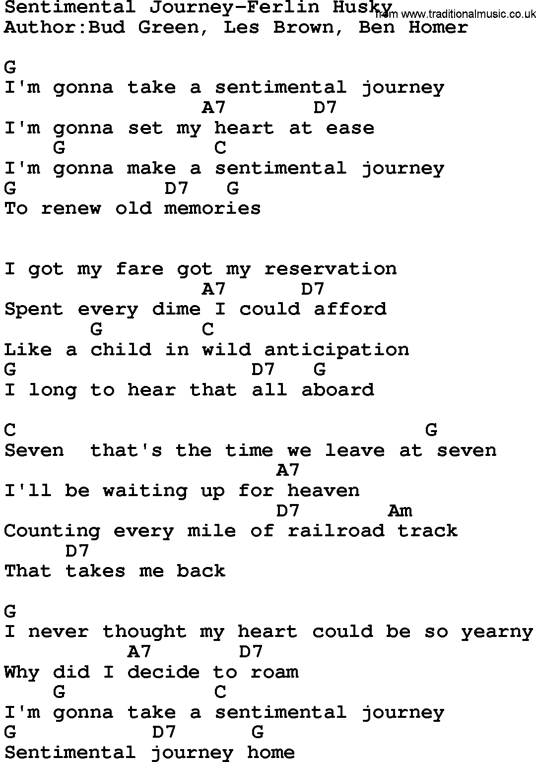 Country music song: Sentimental Journey-Ferlin Husky lyrics and chords