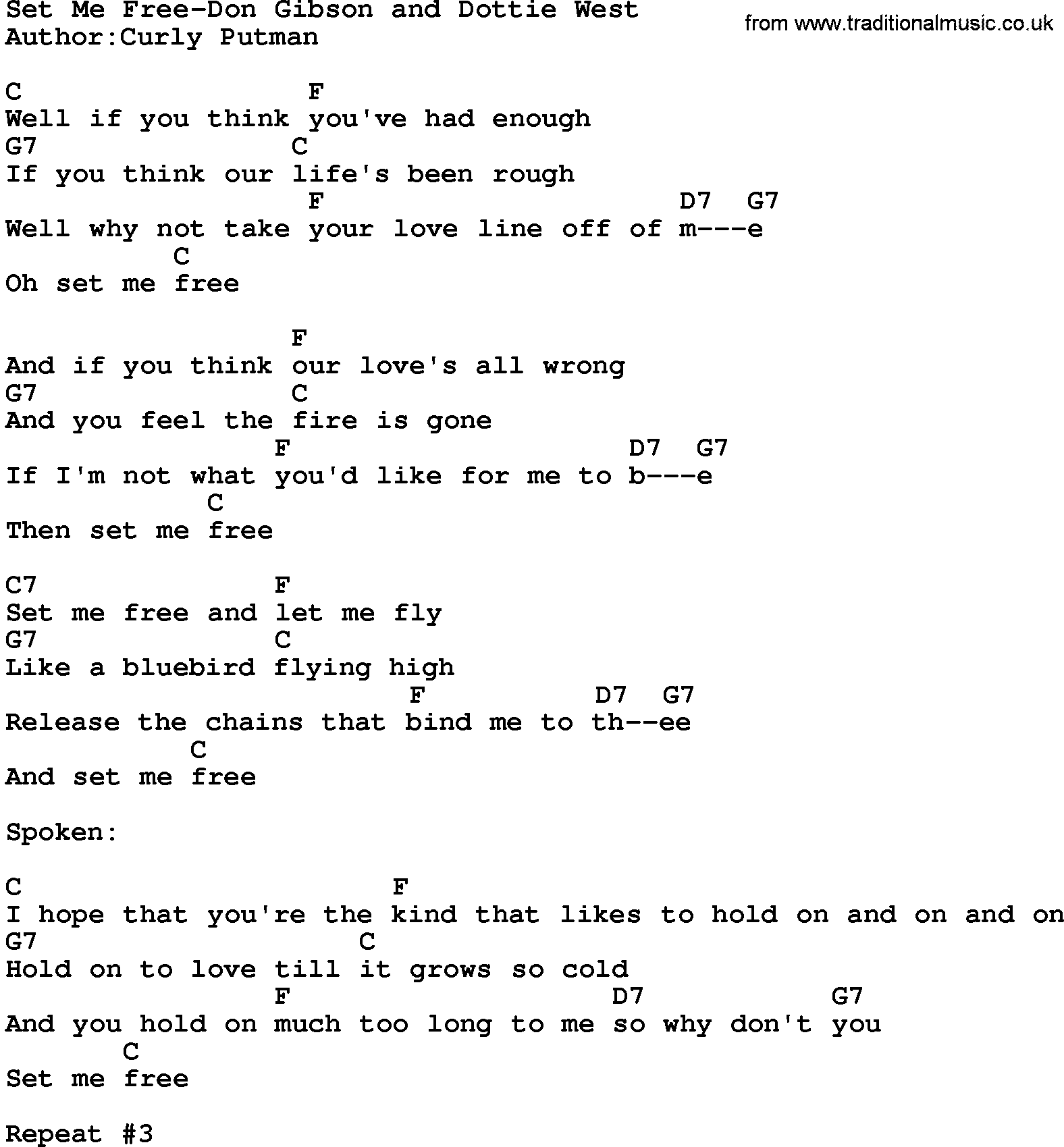 Country music song: Set Me Free-Don Gibson And Dottie West lyrics and chords