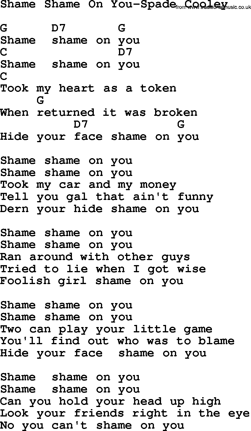Country music song: Shame Shame On You-Spade Cooley lyrics and chords