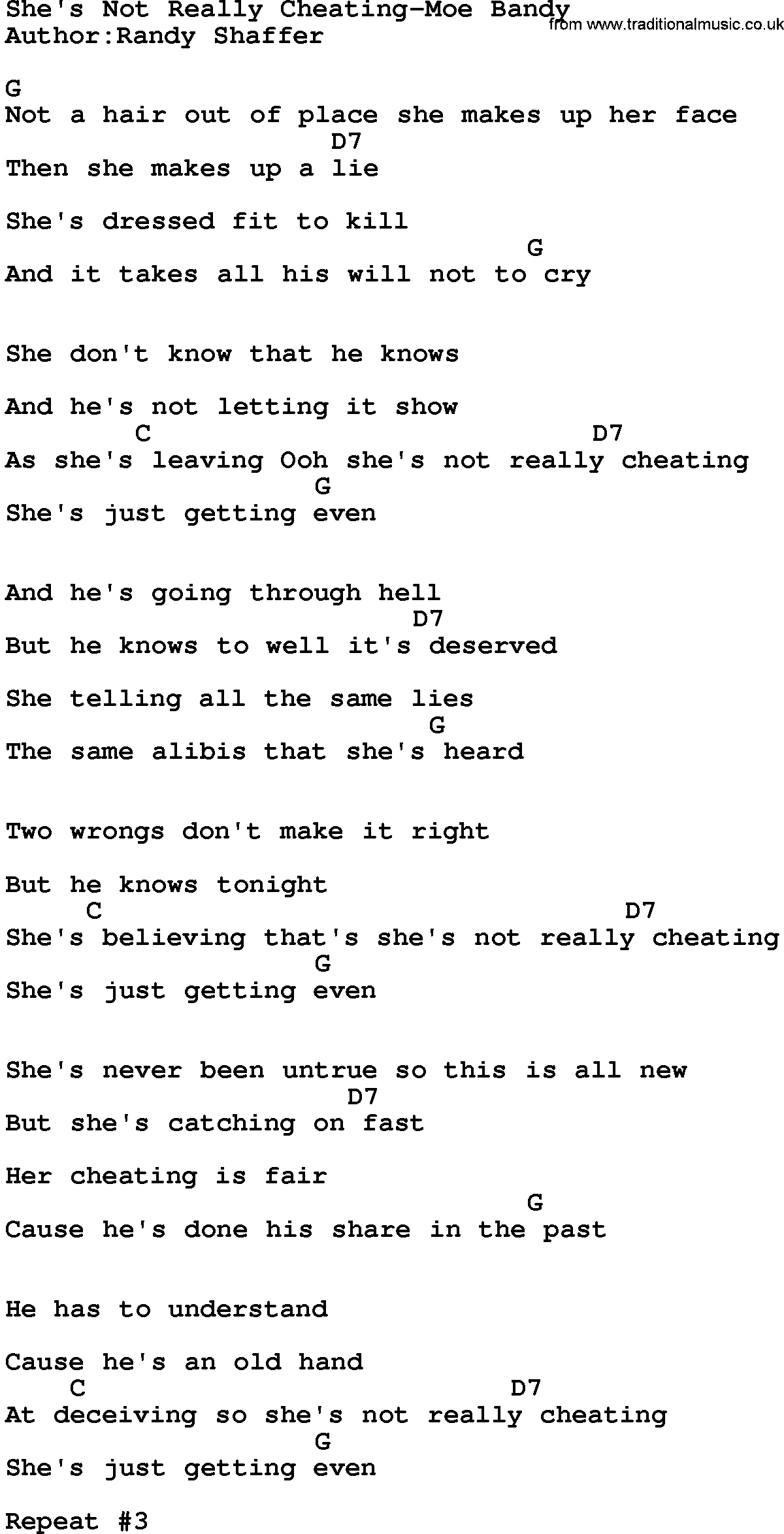 Country music song: She's Not Really Cheating-Moe Bandy lyrics and chords