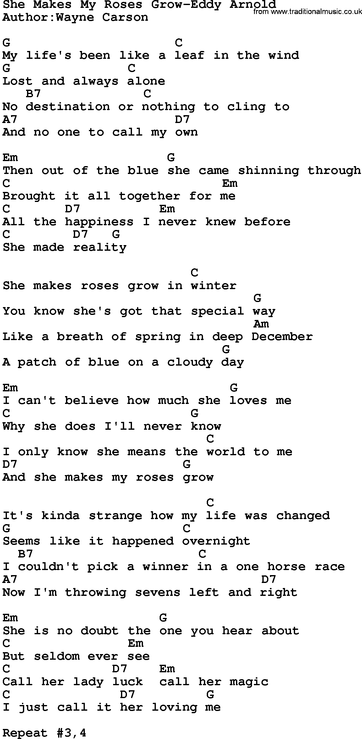Country music song: She Makes My Roses Grow-Eddy Arnold lyrics and chords