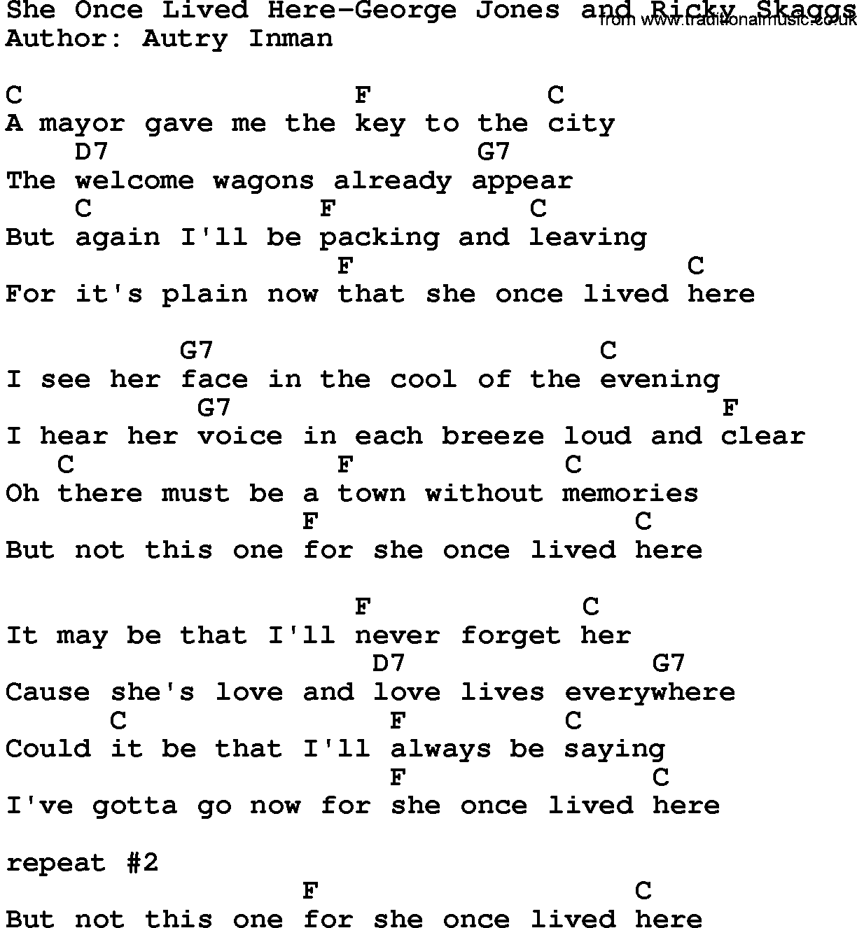 Country music song: She Once Lived Here-George Jones And Ricky Skaggs lyrics and chords