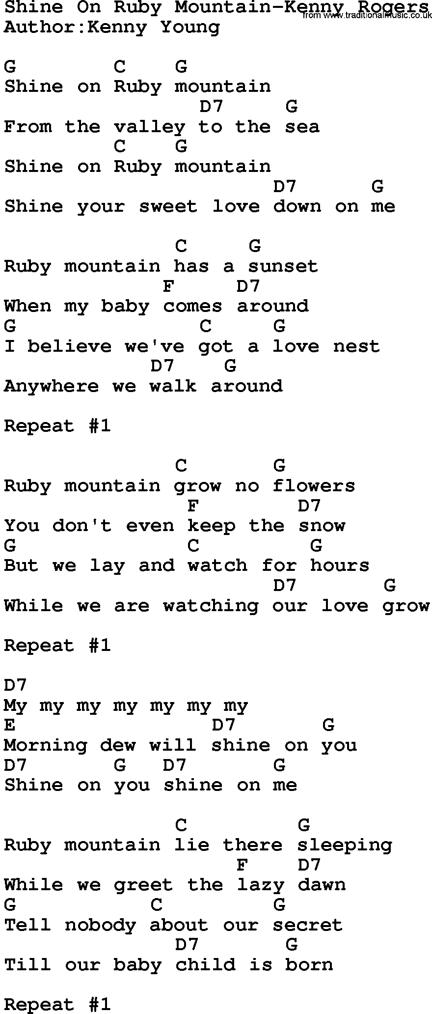 Country music song: Shine On Ruby Mountain-Kenny Rogers lyrics and chords