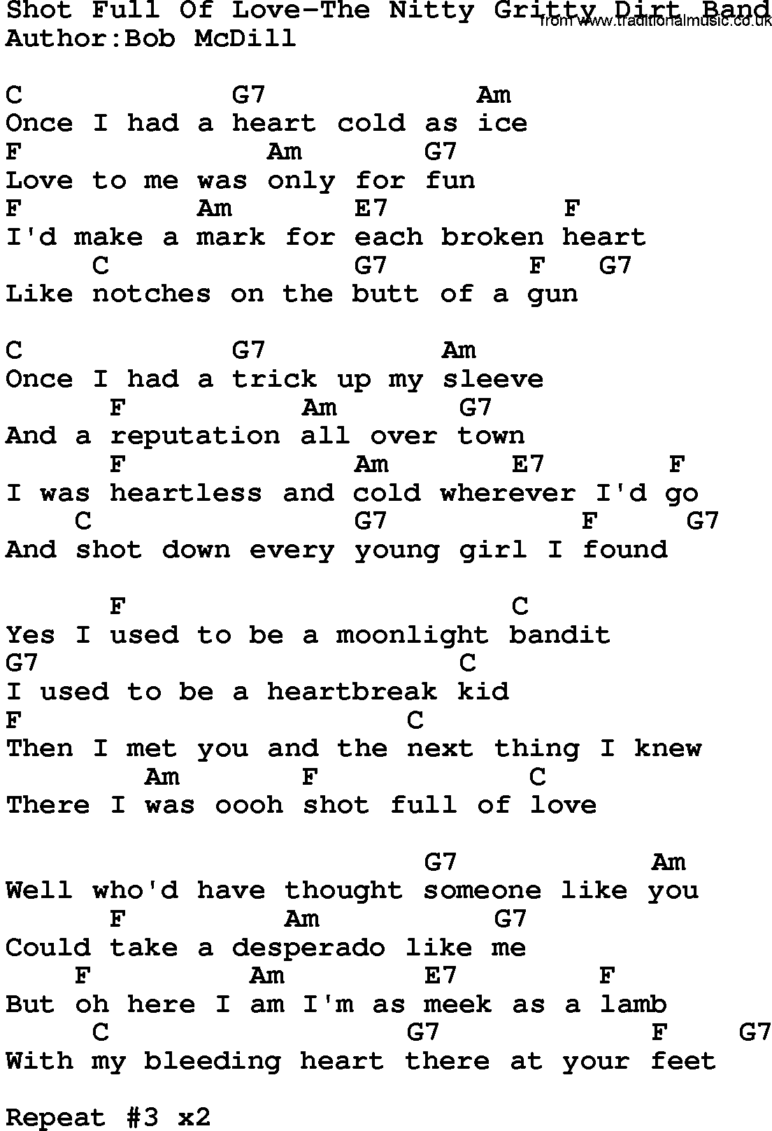 Country music song: Shot Full Of Love-The Nitty Gritty Dirt Band lyrics and chords