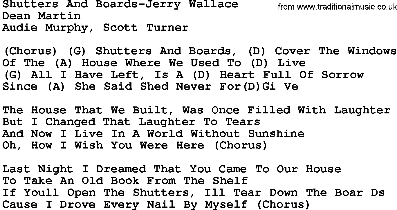 Country music song: Shutters And Boards-Jerry Wallace lyrics and chords
