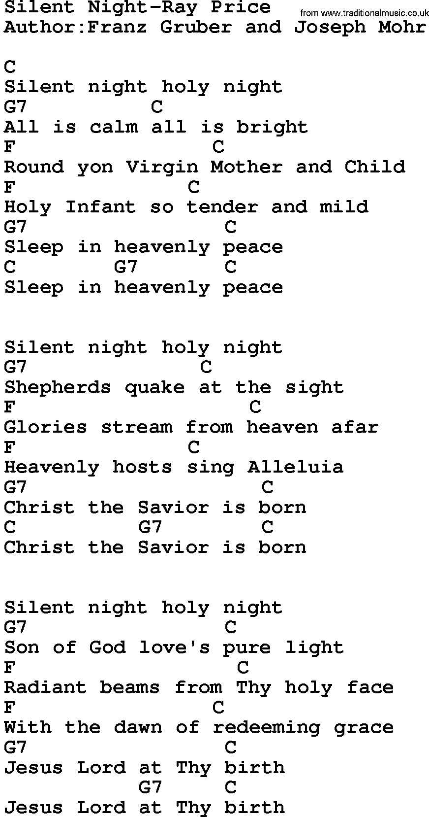 Country music song: Silent Night-Ray Price  lyrics and chords