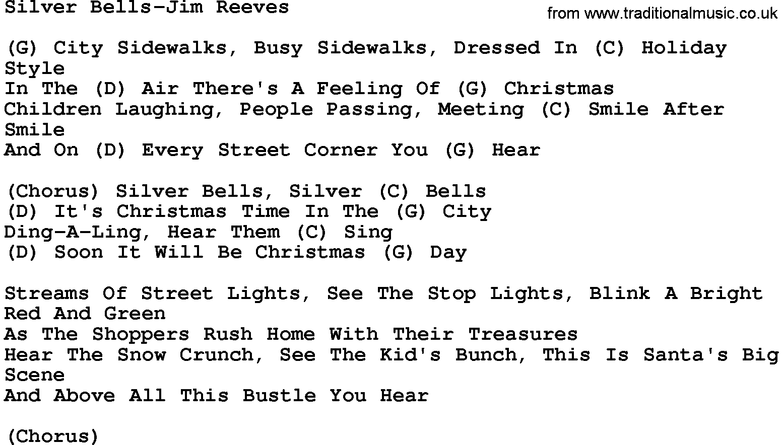 Country music song: Silver Bells-Jim Reeves lyrics and chords