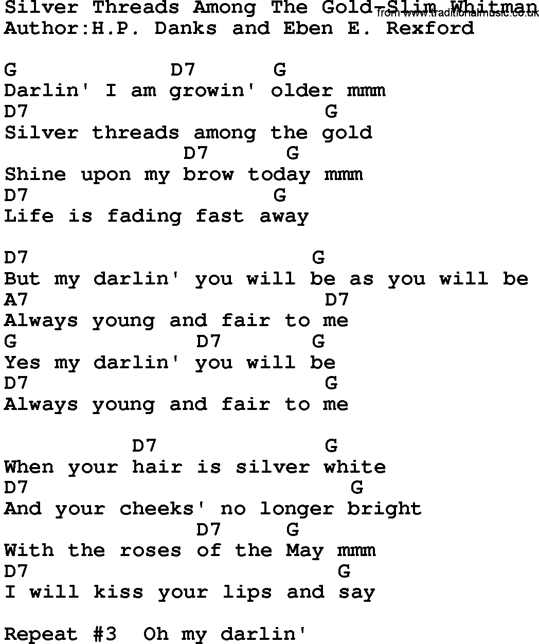 Country music song: Silver Threads Among The Gold-Slim Whitman lyrics and chords