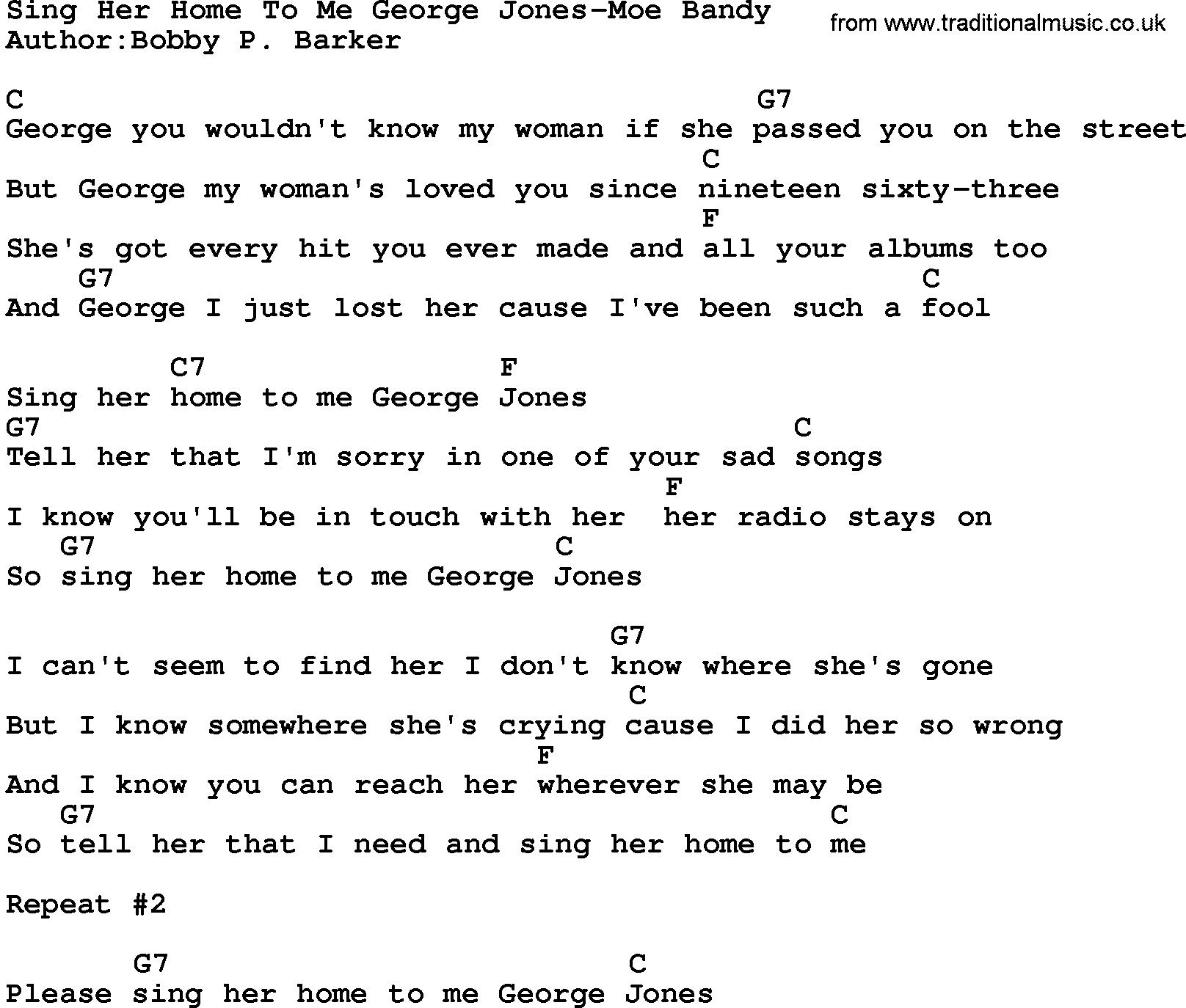 Country music song: Sing Her Home To Me George Jones-Moe Bandy lyrics and chords