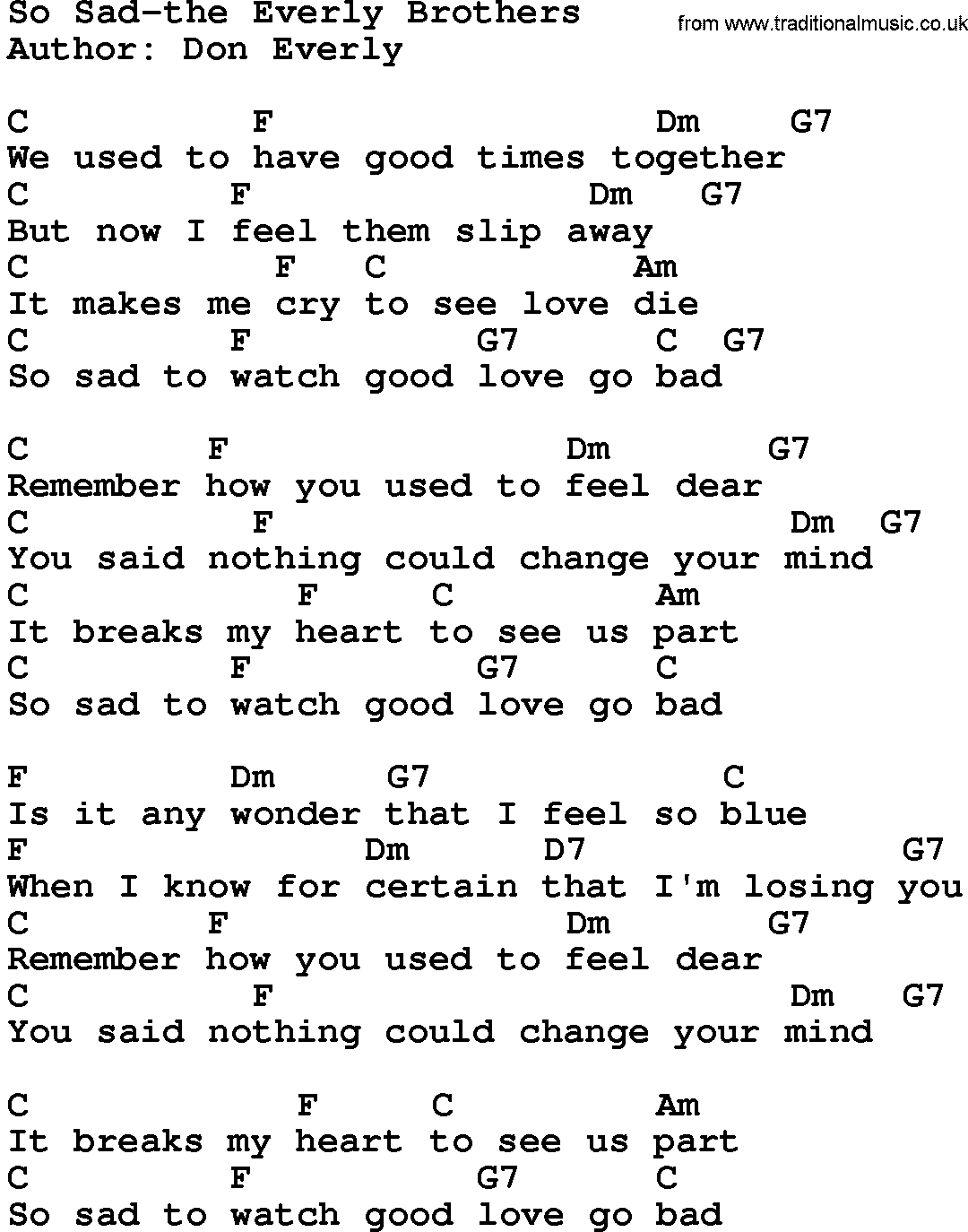 Country music song: So Sad-The Everly Brothers lyrics and chords