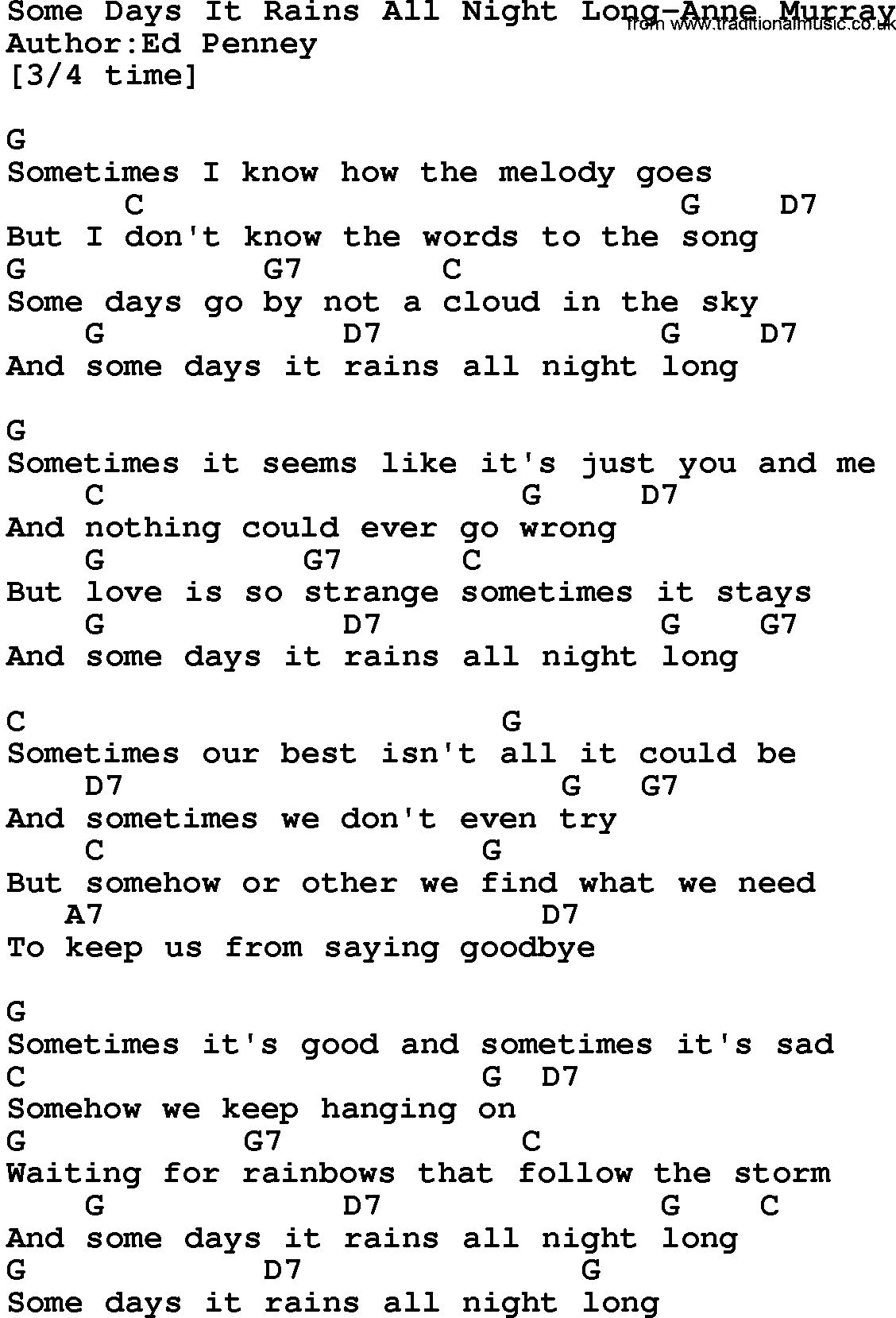 Country music song: Some Days It Rains All Night Long-Anne Murray lyrics and chords