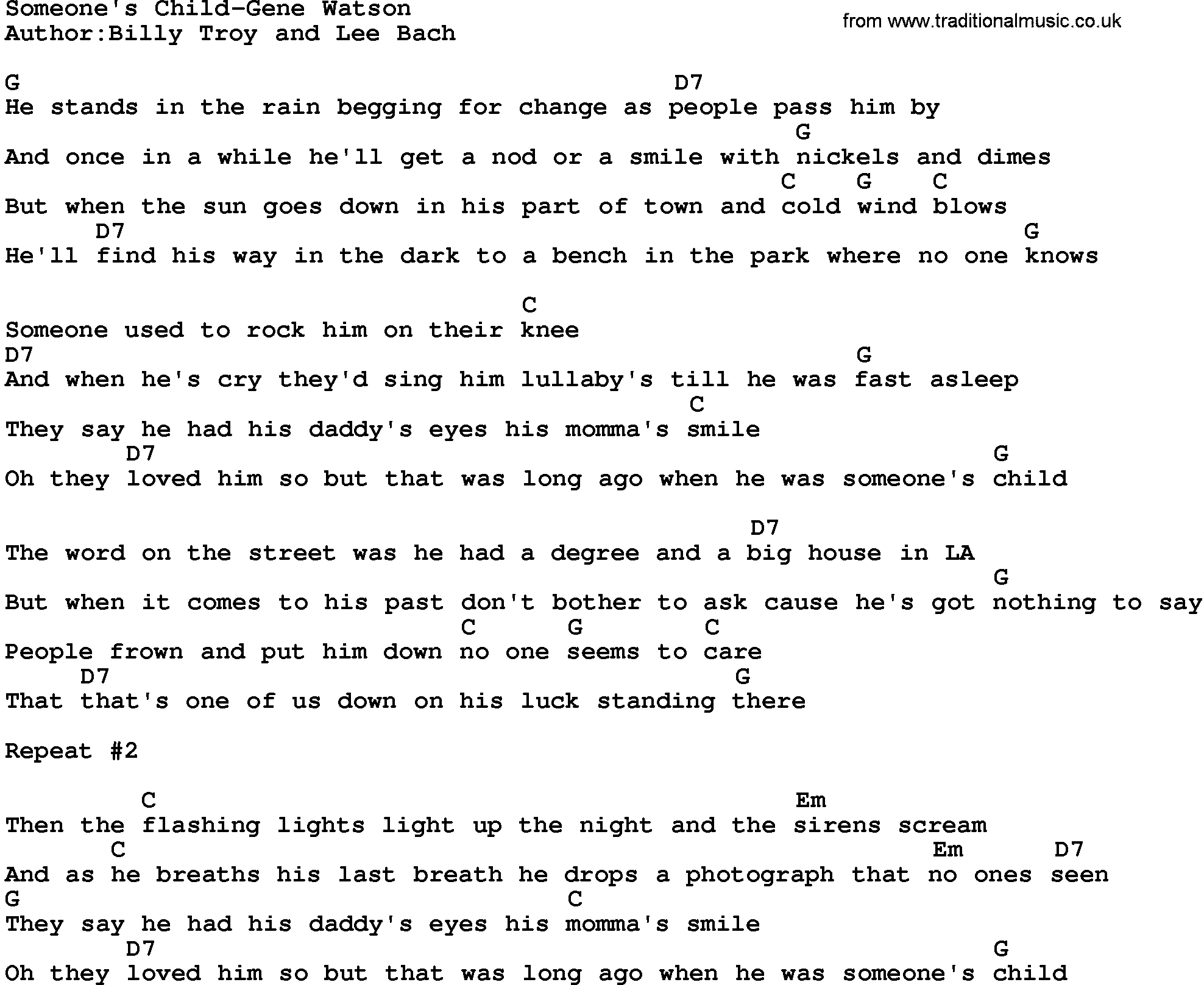 Country music song: Someone's Child-Gene Watson lyrics and chords