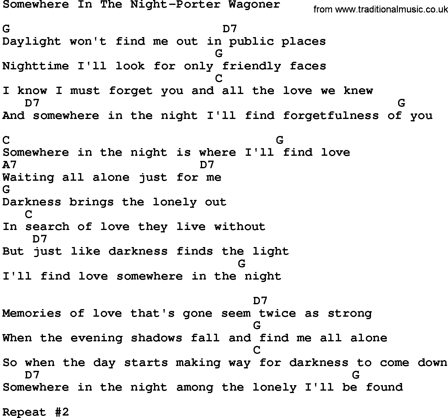 Country music song: Somewhere In The Night-Porter Wagoner lyrics and chords