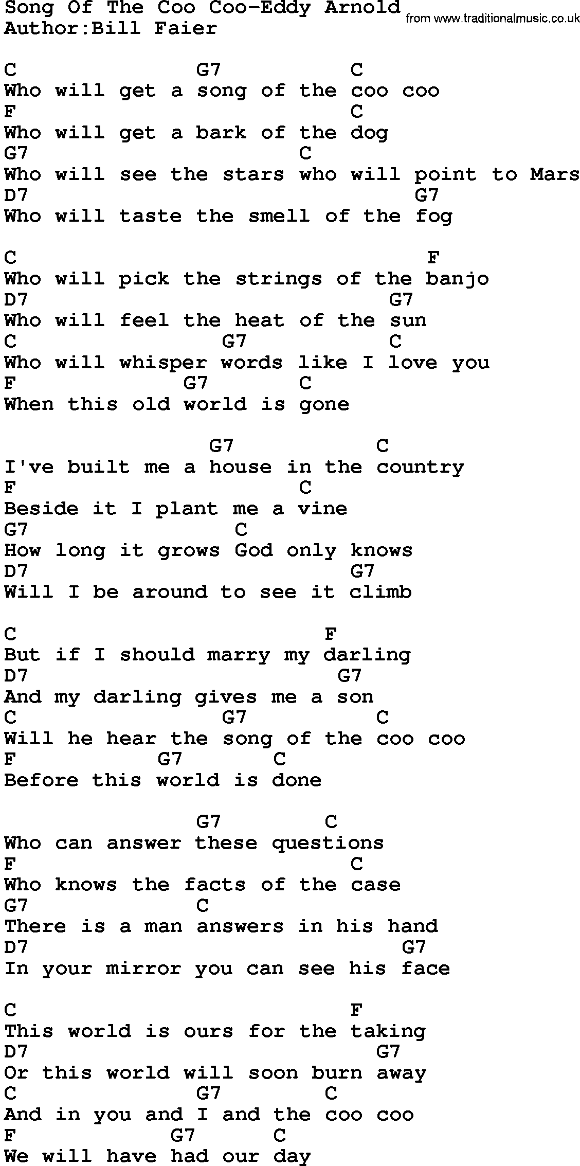 Country music song: Song Of The Coo Coo-Eddy Arnold lyrics and chords