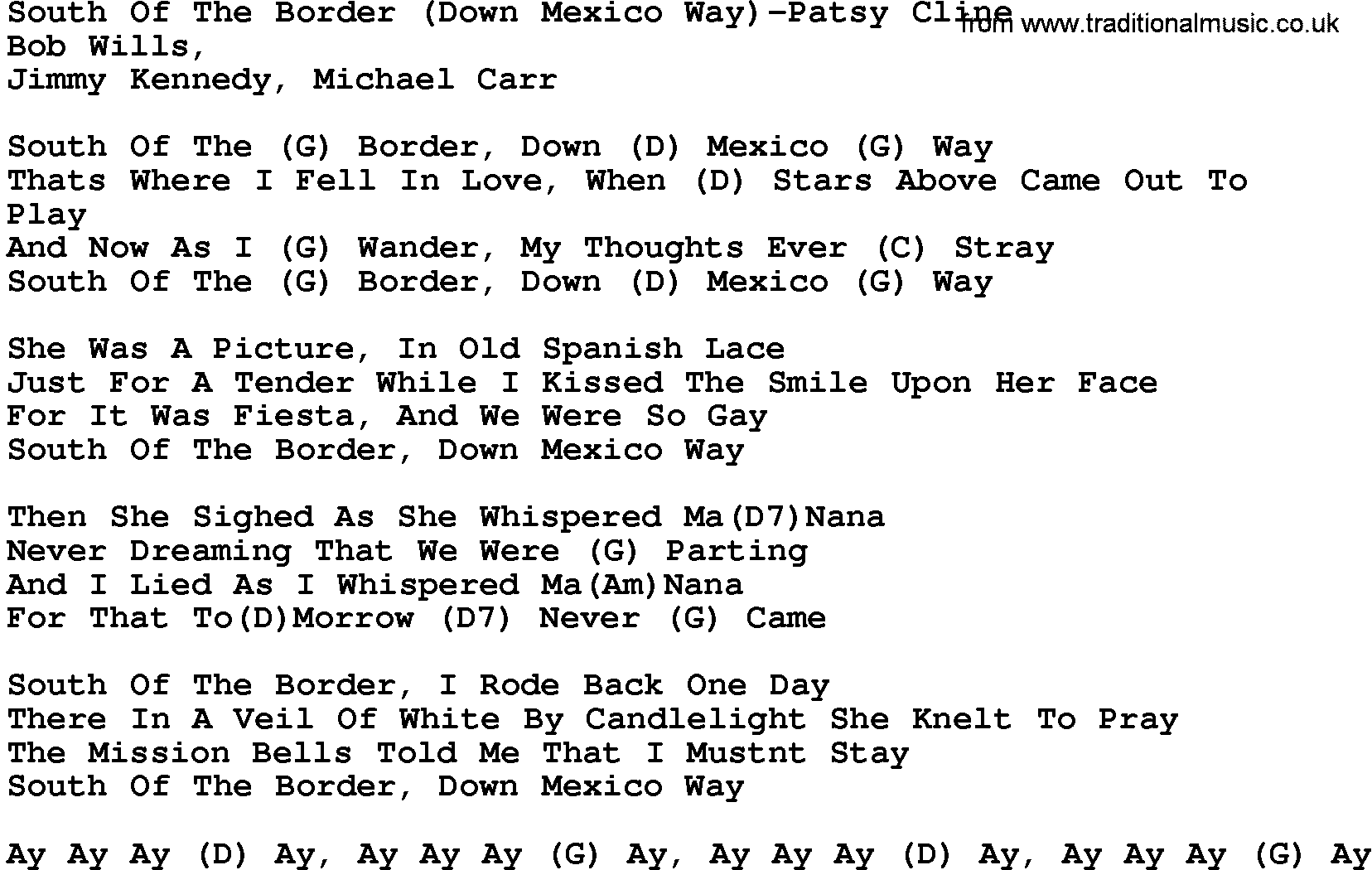 Country music song: South Of The Border(Down Mexico Way)-Patsy Cline lyrics and chords
