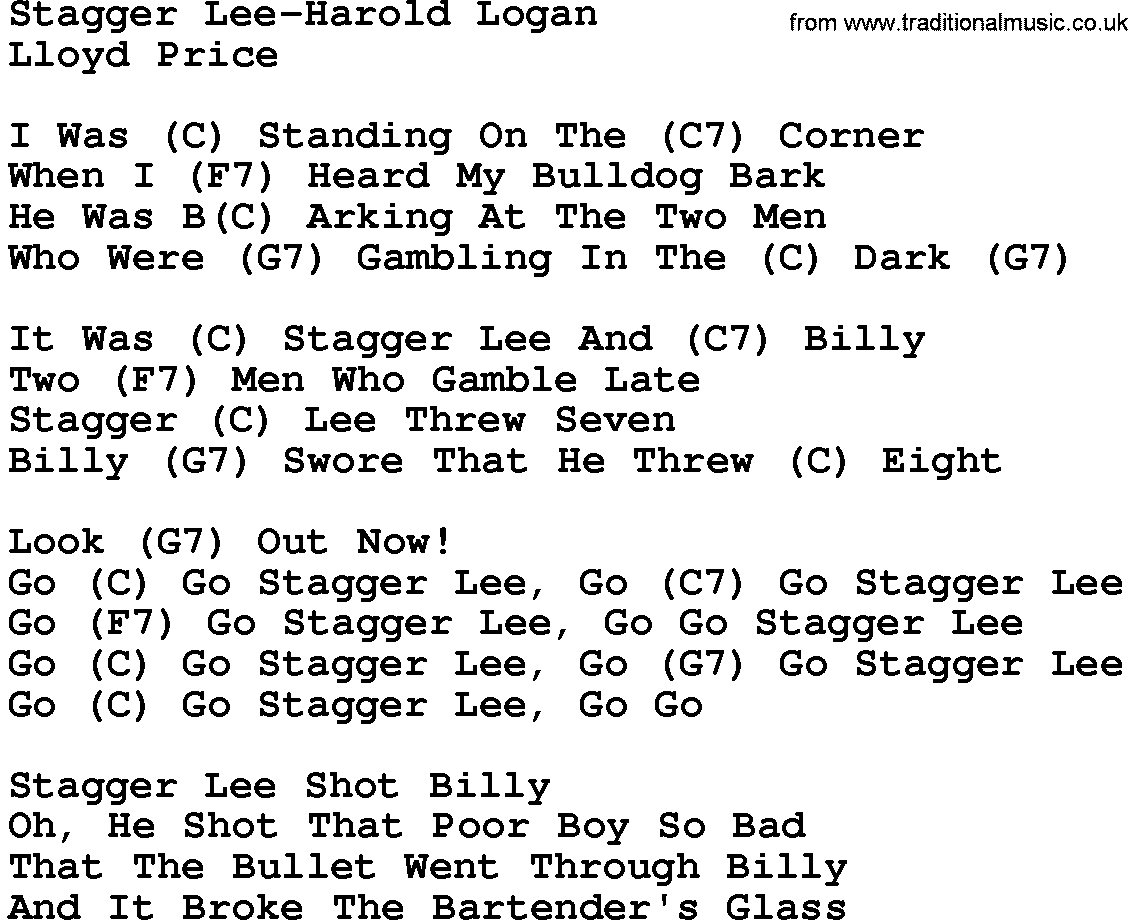 Country music song: Stagger Lee-Harold Logan lyrics and chords
